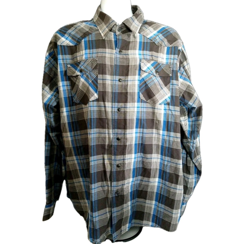 Wrangler Mens Western Cowboy 2XL Blue Gray Plaid Pearl Snap Shirt With Pockets